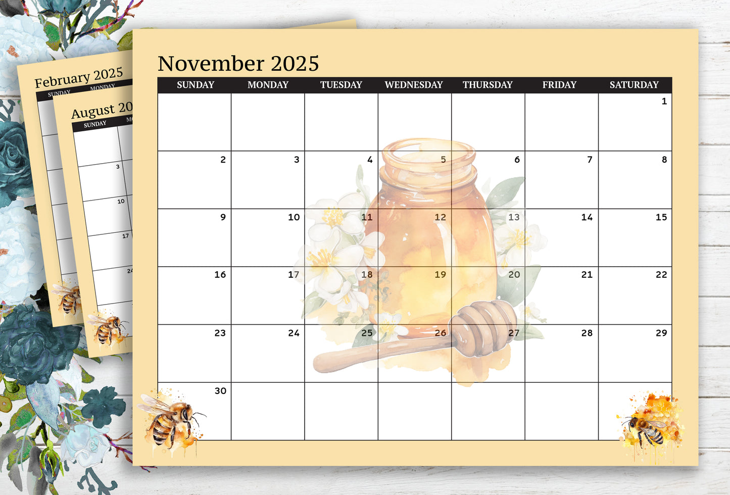 2025 Dated Calendar with Bees ~ Sunday Start Horizontal 8.5x11 (Printable PDF) (Copy)