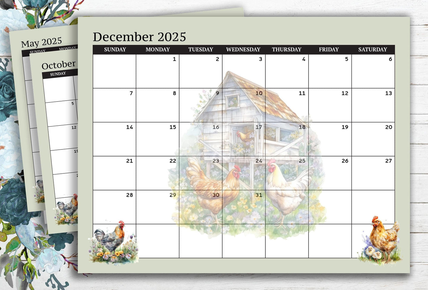 2025 Dated Calendar with Chickens ~ Sunday Start Horizontal 8.5x11 (Printable PDF)