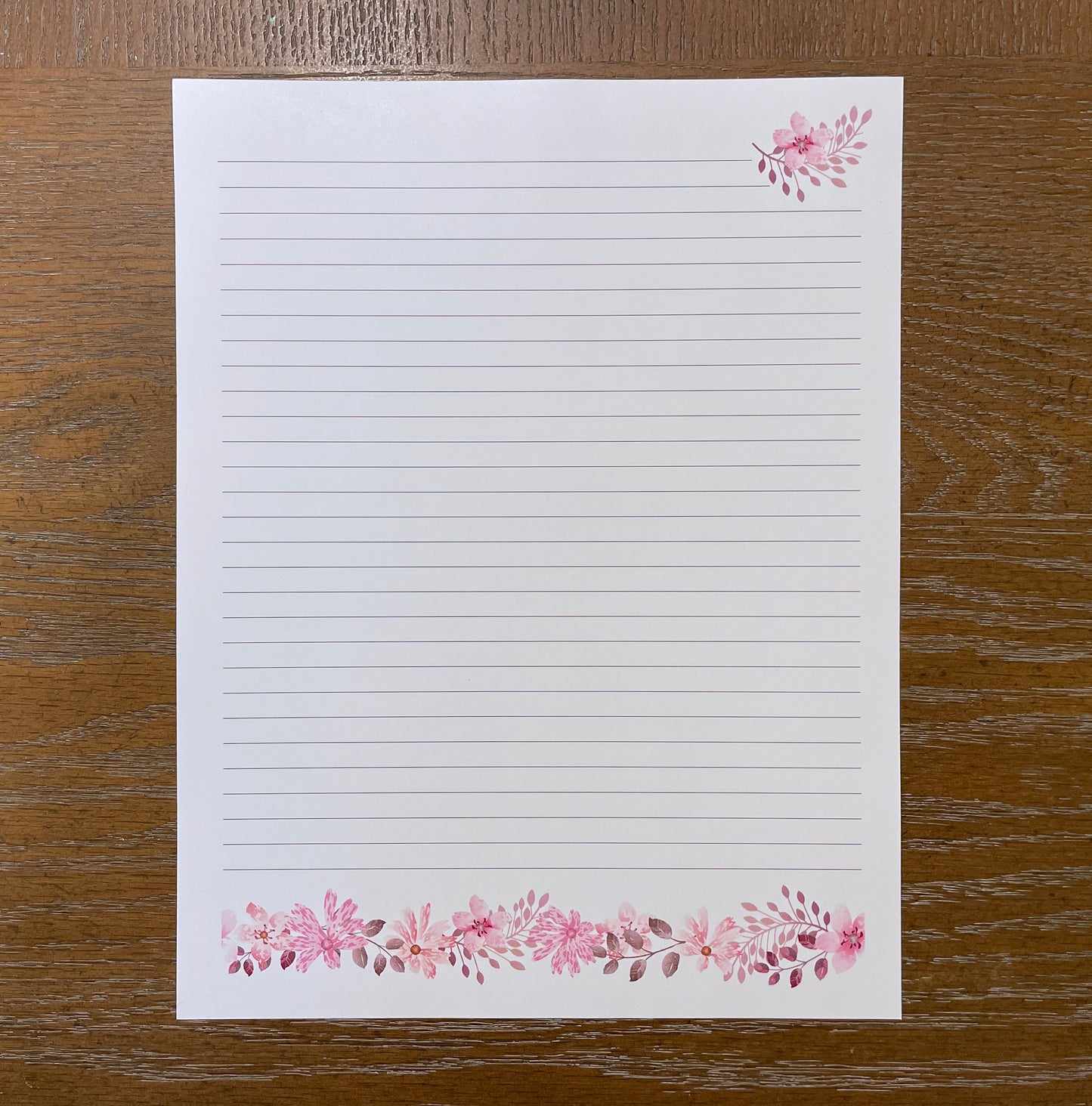 Pink Floral Lined Paper ~ Ruled ~ Letter Sized Pages (Printable PDF) 8.5"x11"