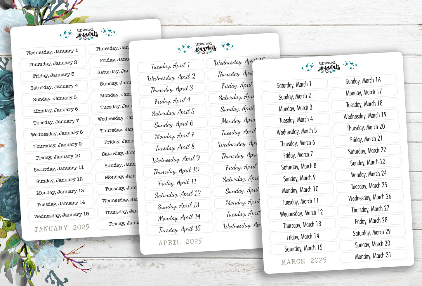 Daily Dated Headers (Full Size) Planner Stickers ~ 2025 or 2026 ~ Monthly Date Covers, Weekday, Days of Week, Planning, Printed Stickers