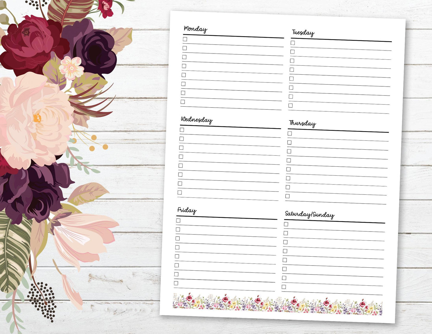 Undated 8.5x11 Week on a Page ~ Printable PDF Planner Design Template ~ Floral Layout (with or without) To Do List ~ Daily Tasks