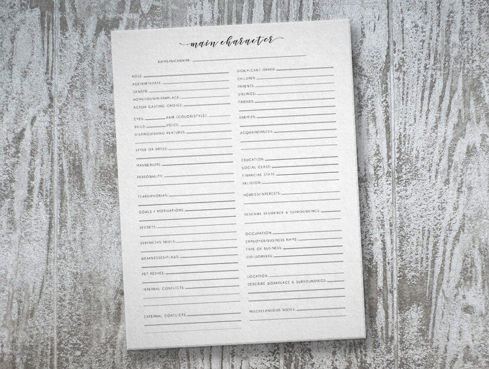 8.5"x11" Fiction Novel Writing Character Outline (Printable PDF) ~ v2