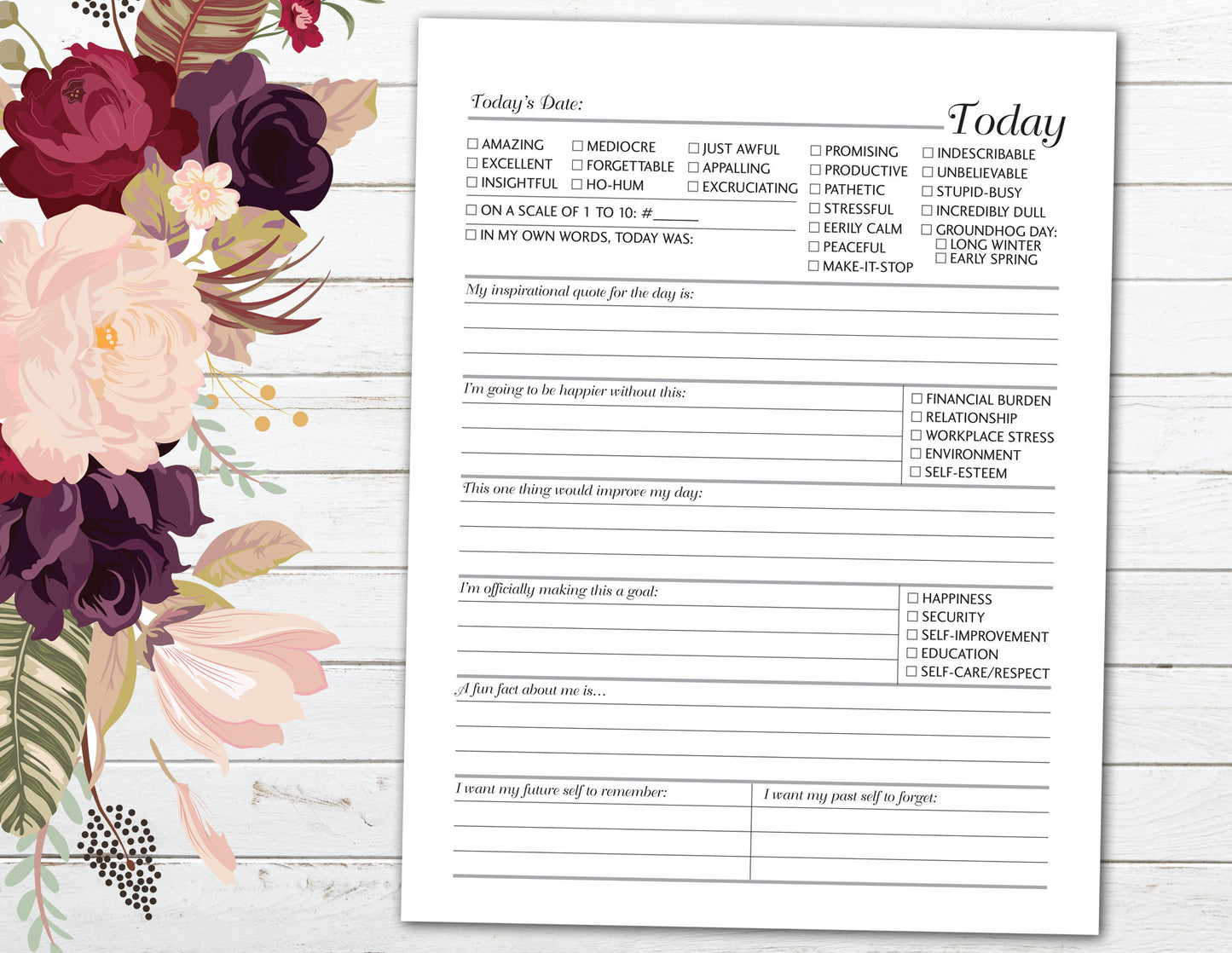 Today 8.5"x11" ~ Daily Tracker for Gratitude, Self-Encouragement (Printable PDF)