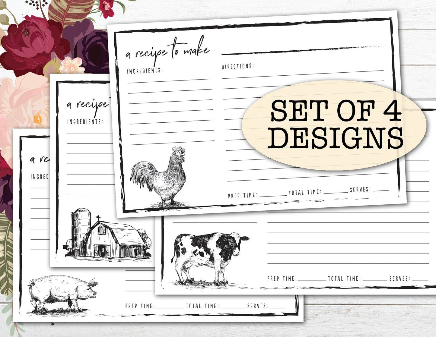 Farm Animals 4x6 Recipe Cards PDF ~ Digital File