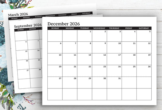 2026 Dated Calendar Grid ~ Sunday Start ~ Printable PDF ~ Horizontal Layout