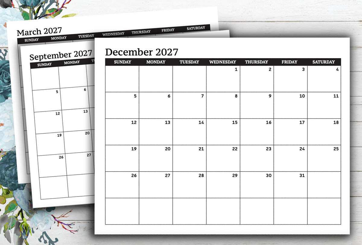2027 Dated Calendar Grid ~ Sunday Start ~ Printable PDF ~ Horizontal Layout (Copy)
