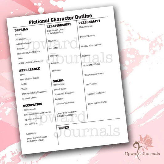 8.5"x11" Fiction Novel Character Writing Outline ~ Printable PDF