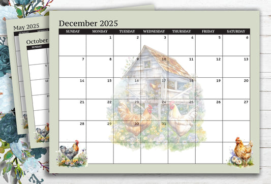 2025 Dated Calendar with Chickens ~ Sunday Start Horizontal 8.5x11 (Printable PDF)