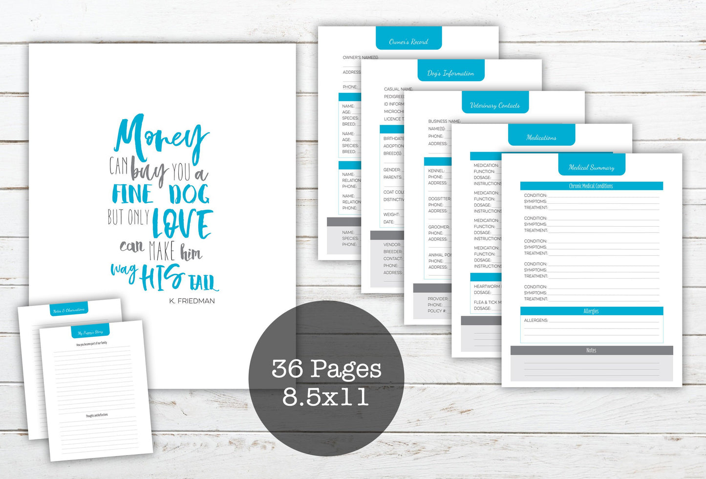 New Puppy / Dog Pet Health Records Booklet ~ 8.5"x11" ~ Printable PDF
