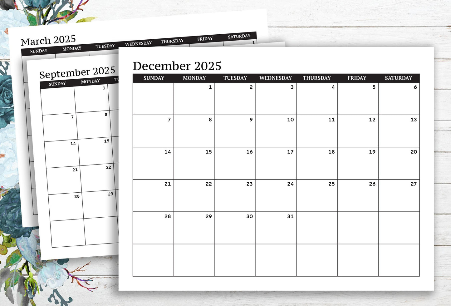 2025 Dated Calendar Grid ~ Sunday Start ~ Printable PDF ~ Horizontal Layout