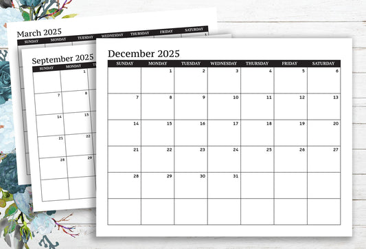 2025 Dated Calendar Grid ~ Sunday Start ~ Printable PDF ~ Horizontal Layout