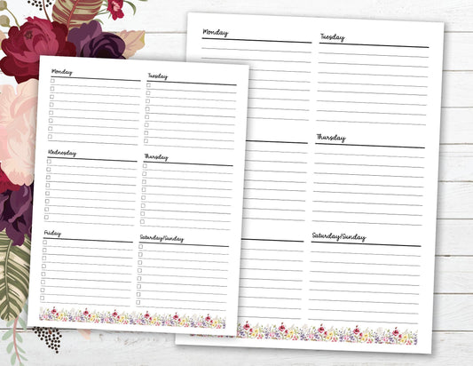 Undated 8.5x11 Week on a Page Paper Pad ~ Floral Layout (with or without) To Do List ~ Daily Tasks
