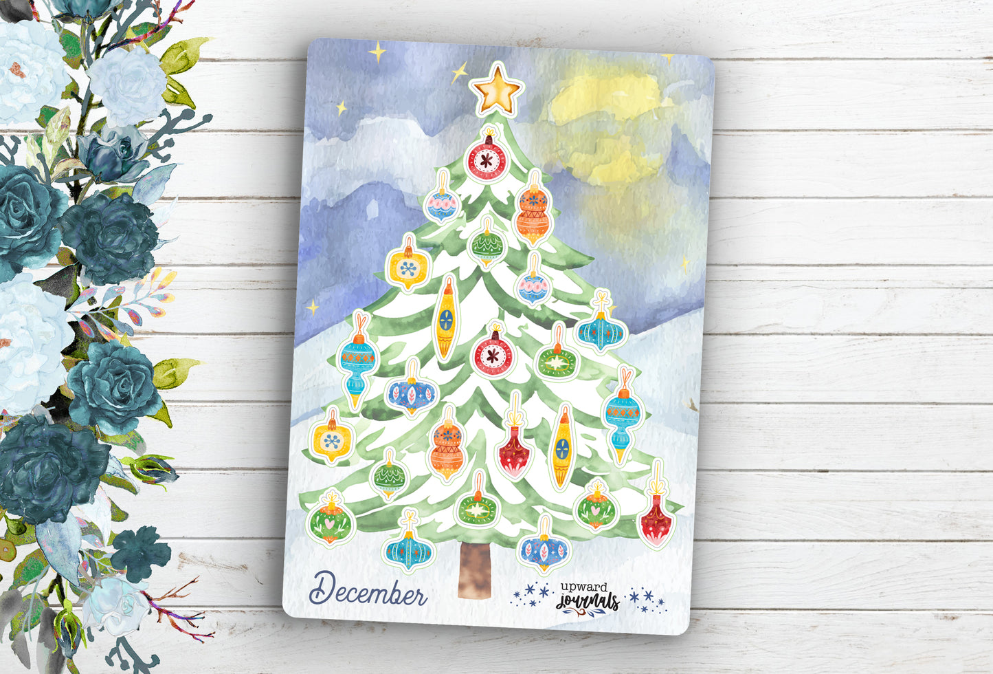 Christmas Countdown (up) Kit ~ Postcard with Tree & Ornaments Stickers ~ December 25 Days, Advent-Style
