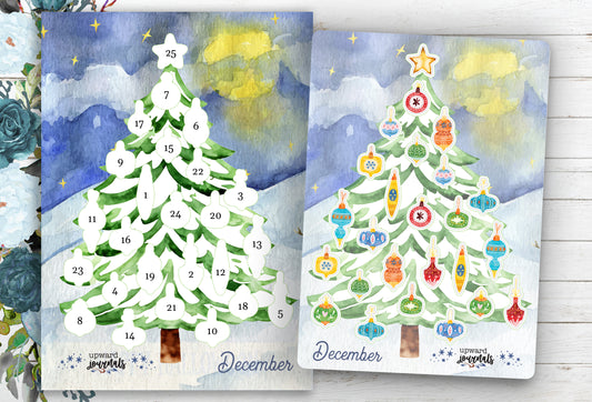 Christmas Countdown (up) Kit ~ Postcard with Tree & Ornaments Stickers ~ December 25 Days, Advent-Style