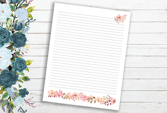 Pink Floral Lined Paper ~ Ruled ~ Letter Sized Pages (Printable PDF) 8.5"x11"