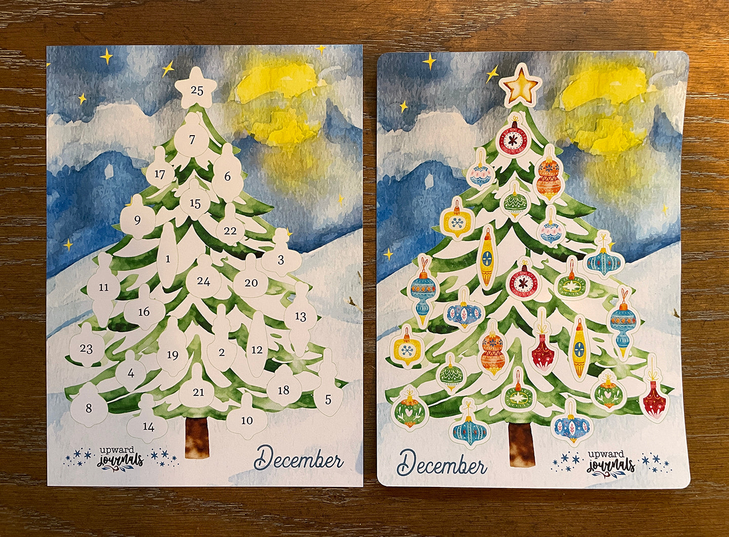 Christmas Countdown (up) Kit ~ Postcard with Tree & Ornaments Stickers ~ December 25 Days, Advent-Style