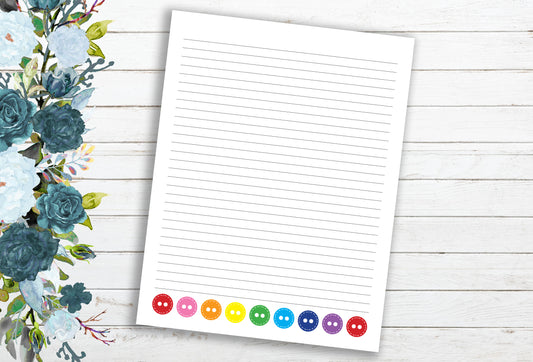 Rainbow Buttons Lined Paper ~ Ruled ~ Letter Sized Pages (Printable PDF) 8.5"x11"