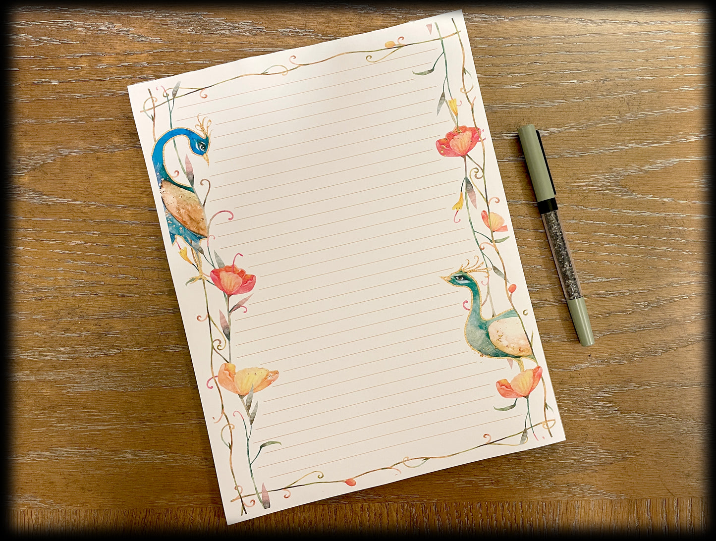 Peacock Folk Art Lined Notepad ~ 8.5x11 Paper Pad (40 Sheets)