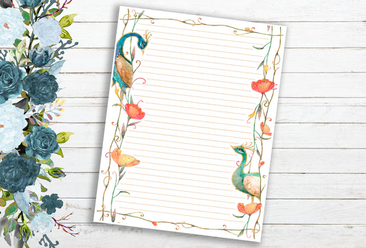 Peacock Lined Paper ~ Ruled ~ Letter Sized Pages (Printable PDF) 8.5"x11"