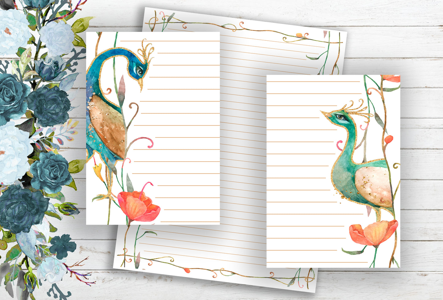 Peacock Lined Paper ~ Ruled ~ Letter Sized Pages (Printable PDF) 8.5"x11"