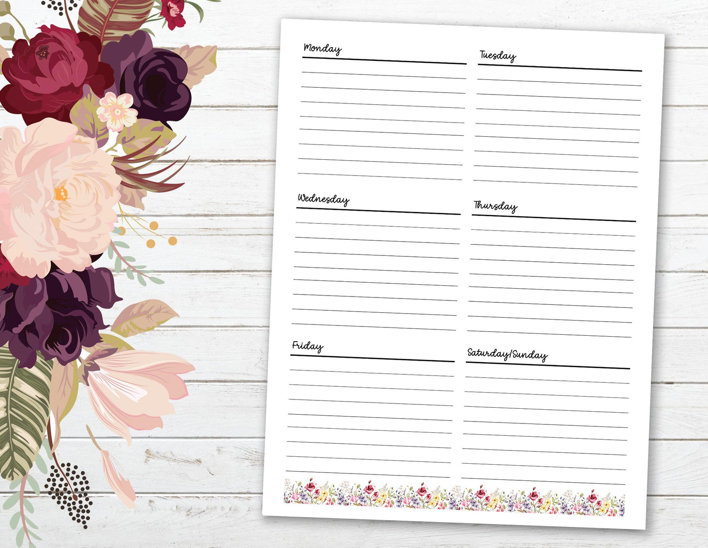 Undated 8.5x11 Week on a Page Paper Pad ~ Floral Layout (with or without) To Do List ~ Daily Tasks