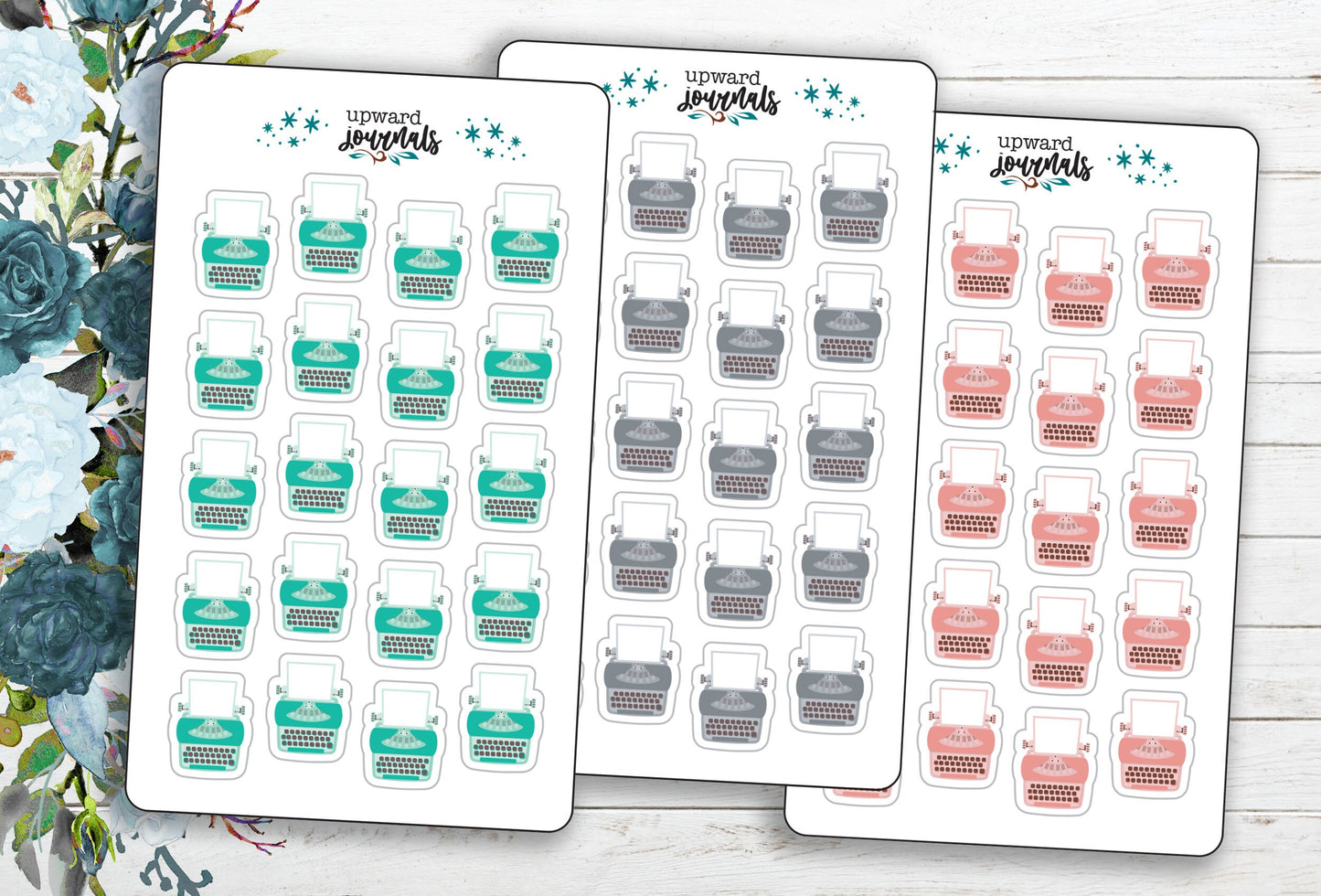 Mini Typewriters Planner Stickers ~ Mint Green, Pink, Gray ~ Writer, Author Stickers