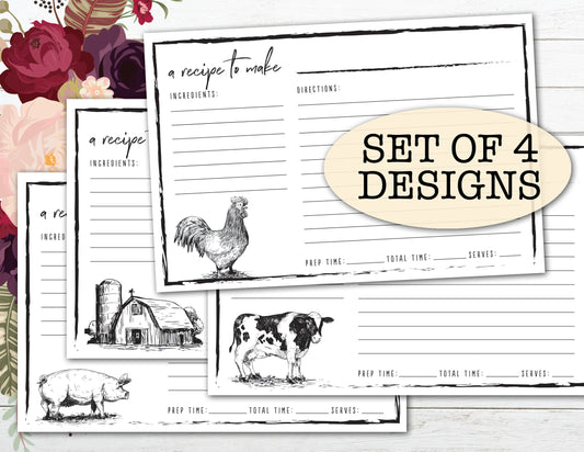 Farm Animals 4x6 Recipe Cards PDF ~ Digital File